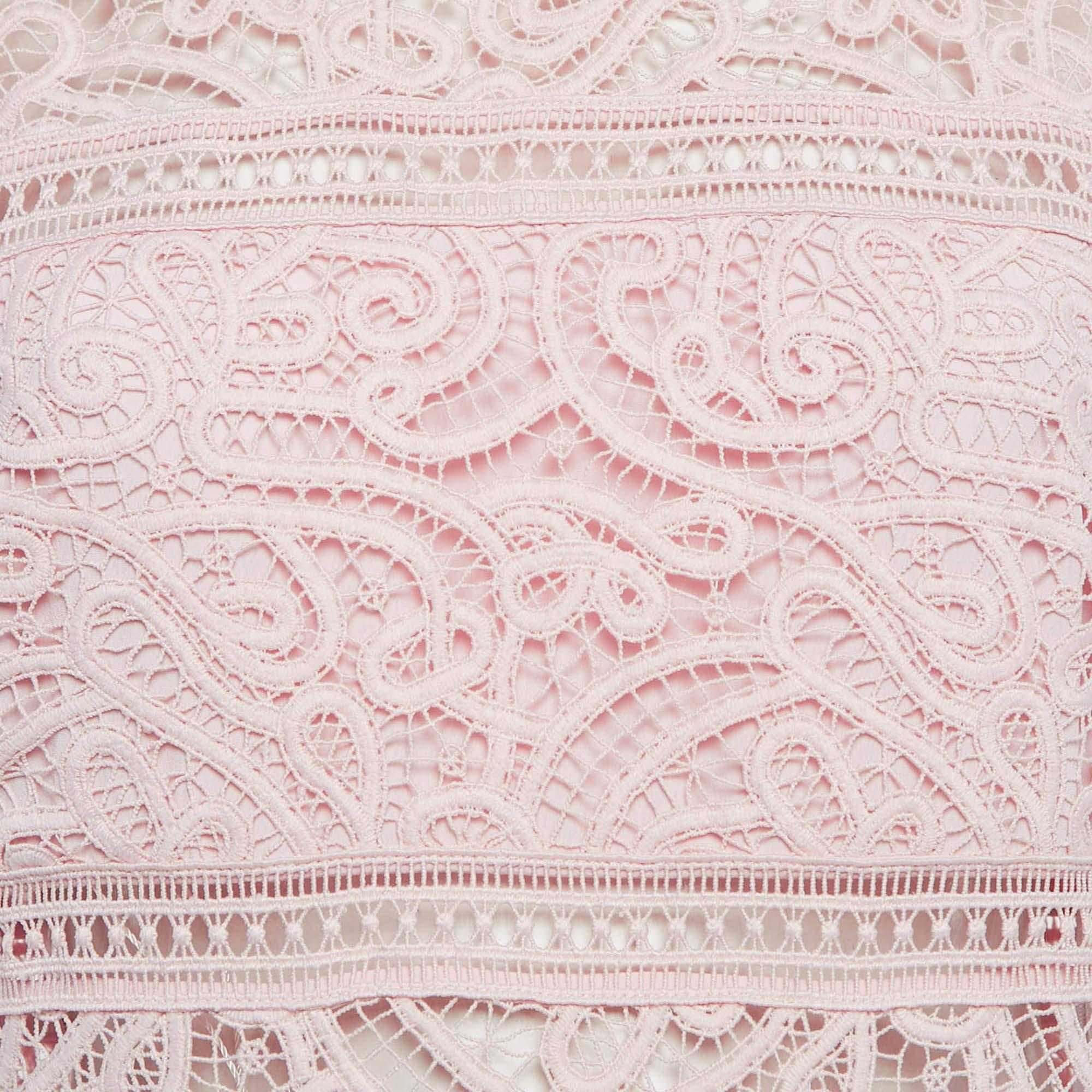 Beige Self-Portrait rose - Mini robe à volants en dentelle guipure abstraite S en vente
