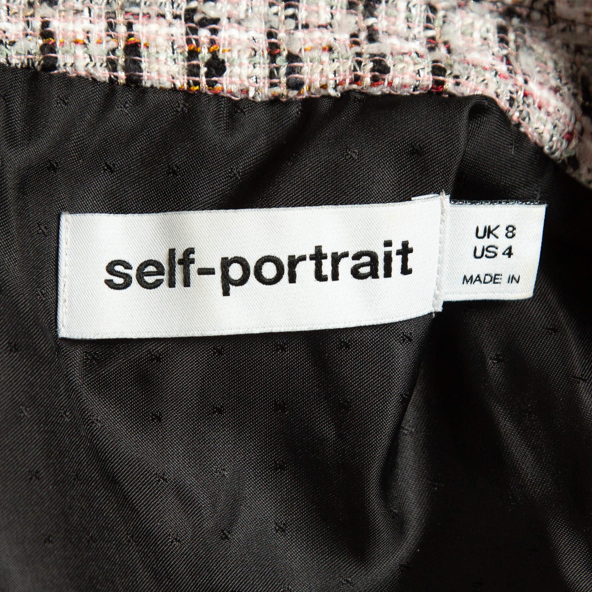 Self-Portrait Pink/Black Lace Trim Tweed Blazer Style Belted Midi Dress S 1