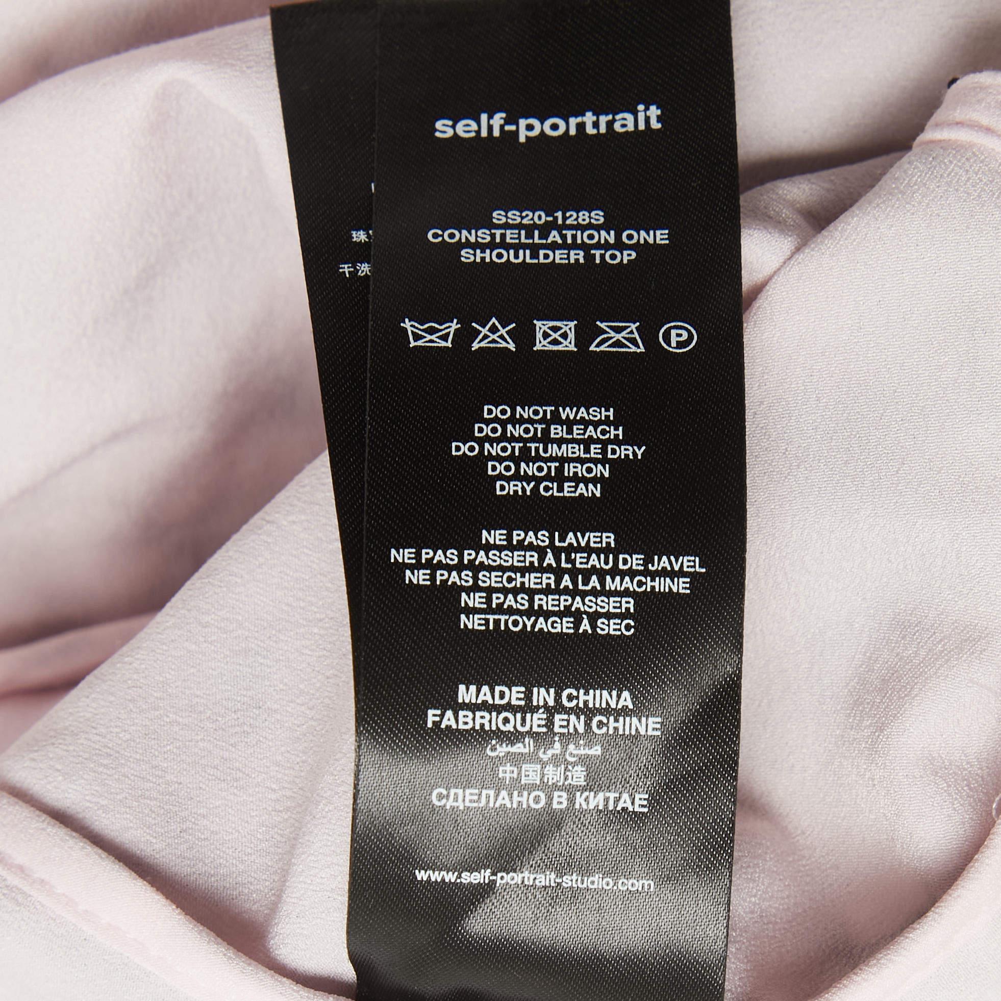 Self-Portrait Pink Constellation Sequin Embroidery Crepe One-Shoulder Top L In New Condition For Sale In Dubai, Al Qouz 2