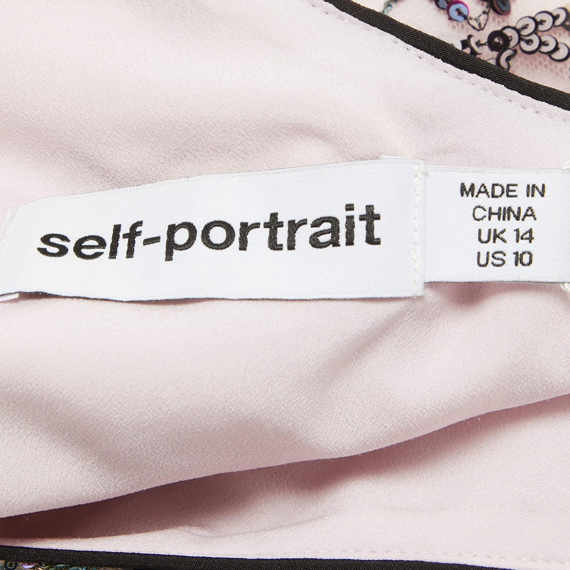 Self-Portrait Pink Constellation Sequin Embroidery Crepe One-Shoulder Top L For Sale 2