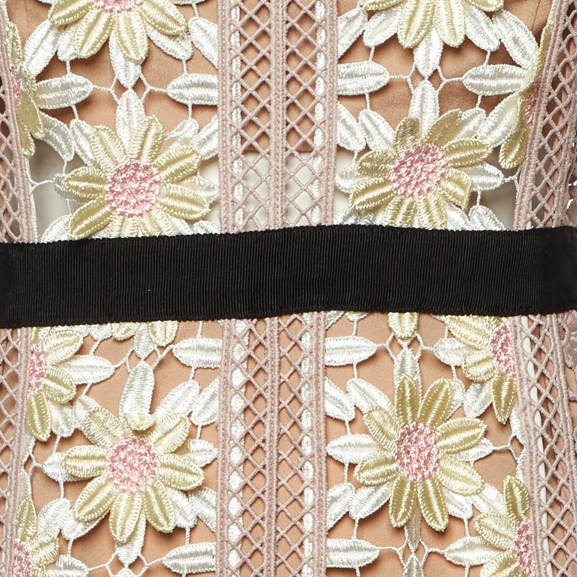 Brown Self-Portrait Pink Floral Guipure Lace Paneled Midi Dress M