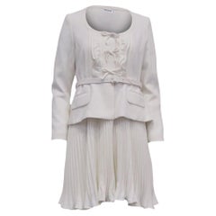Self-Portrait Pleated Crepe Belted Peplum Midi Dress in White Polyester