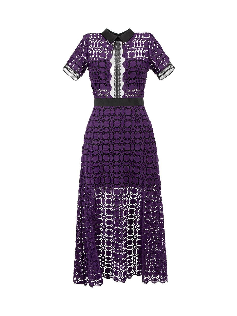 Black Self-Portrait Purple Lace Short Sleeve Midi Dress Size S