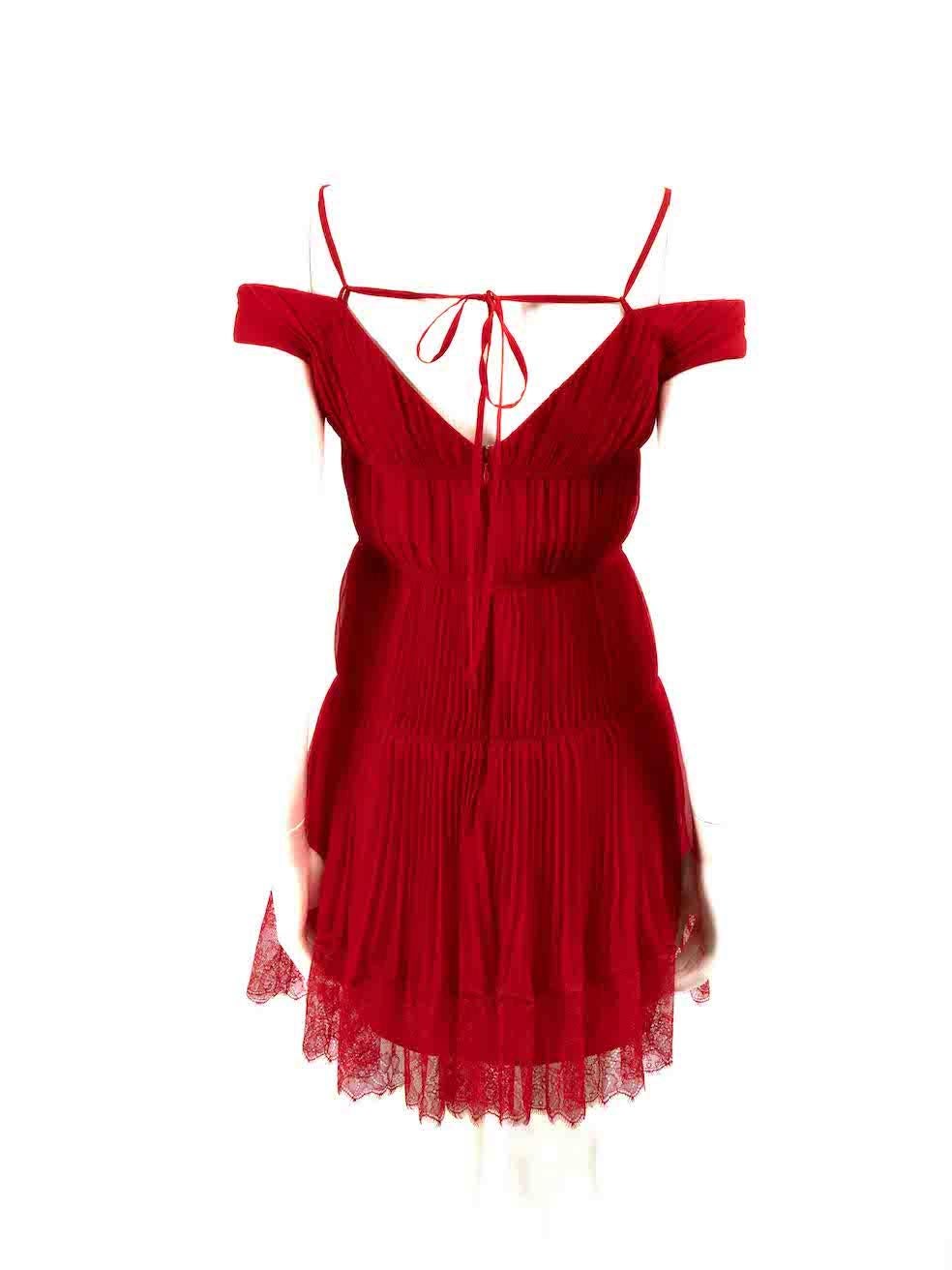 Self-Portrait Red Chiffon Pleat Detail Mini Dress Size S In New Condition For Sale In London, GB