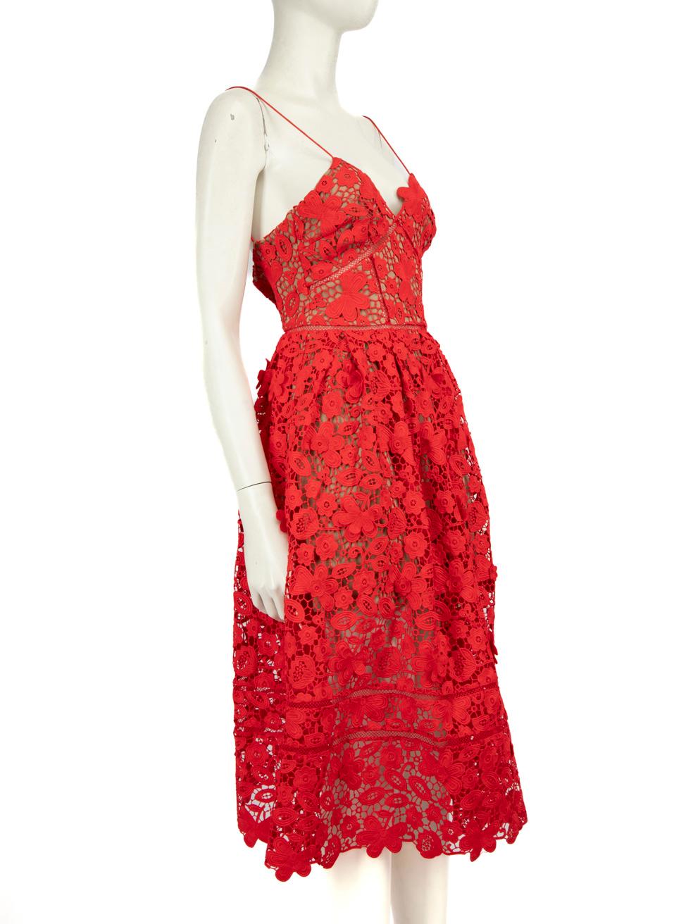 CONDITION is Very good. Minimal wear to the dress is evident. One small mark on the right side dress loop on this used Self-Portrait designer resale item.
  
  
  
  Details
  
  
  Red
  
  Polyester lace
  
  Dress
  
  Floral print
  
 