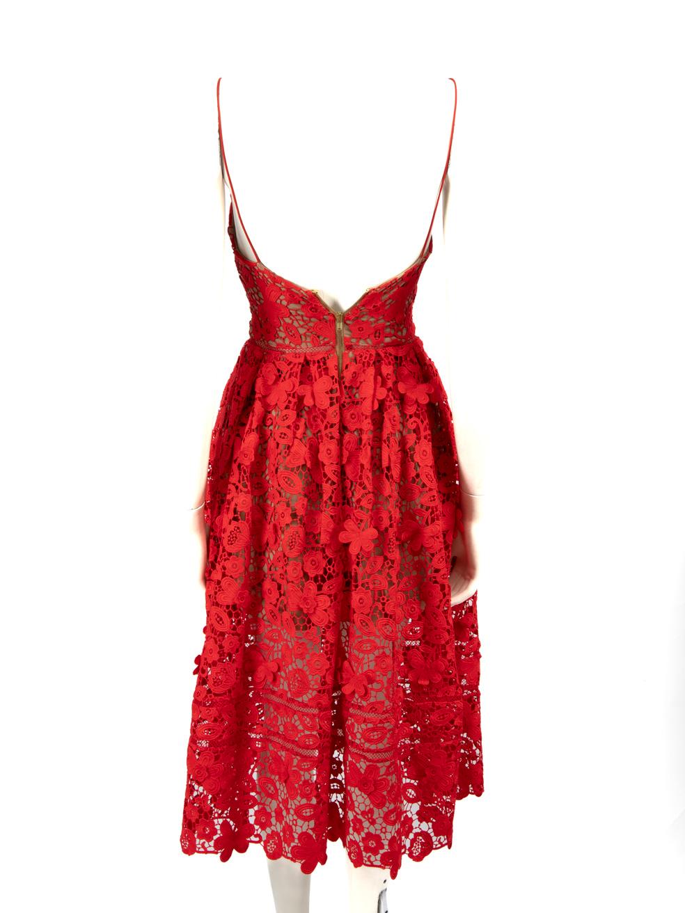 Self-Portrait Red Floral Lace Midi V-Neck Dress Size XXS In Good Condition In London, GB