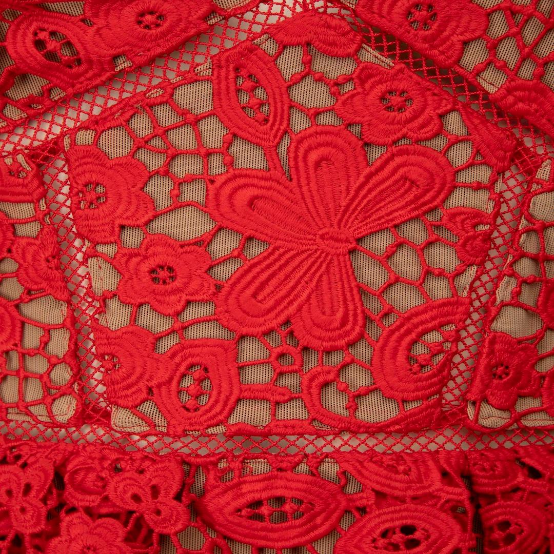 Women's Self-Portrait Red Floral Lace Midi V-Neck Dress Size XXS