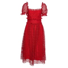 Self Portrait Red Hibiscus Guipure Lace Short Sleeve Dress S