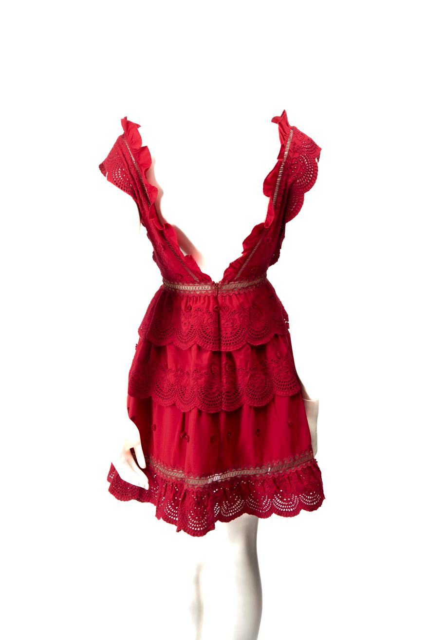 Self-Portrait Red Lace Trim Mini Dress Size XS In Good Condition In London, GB
