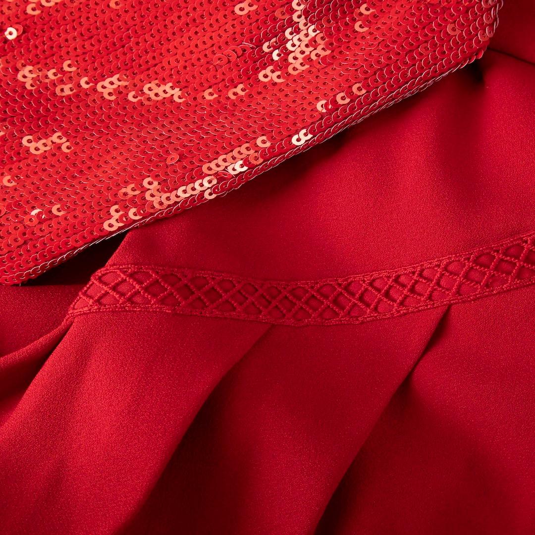 Self-Portrait Red Sequin Puff Sleeve Midi Dress Size M In Good Condition For Sale In London, GB
