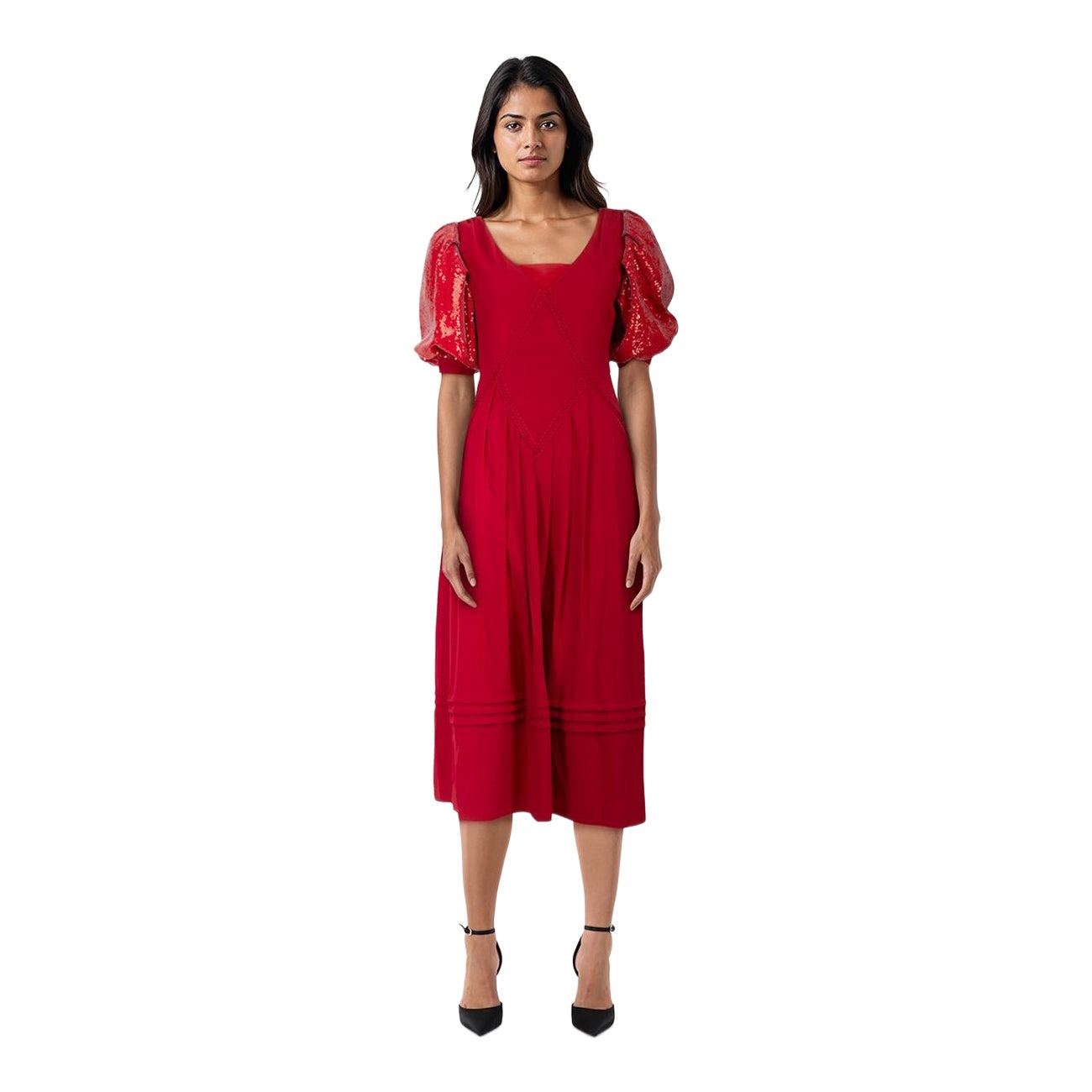 Self-Portrait Red Sequin Puff Sleeve Midi Dress Size M For Sale