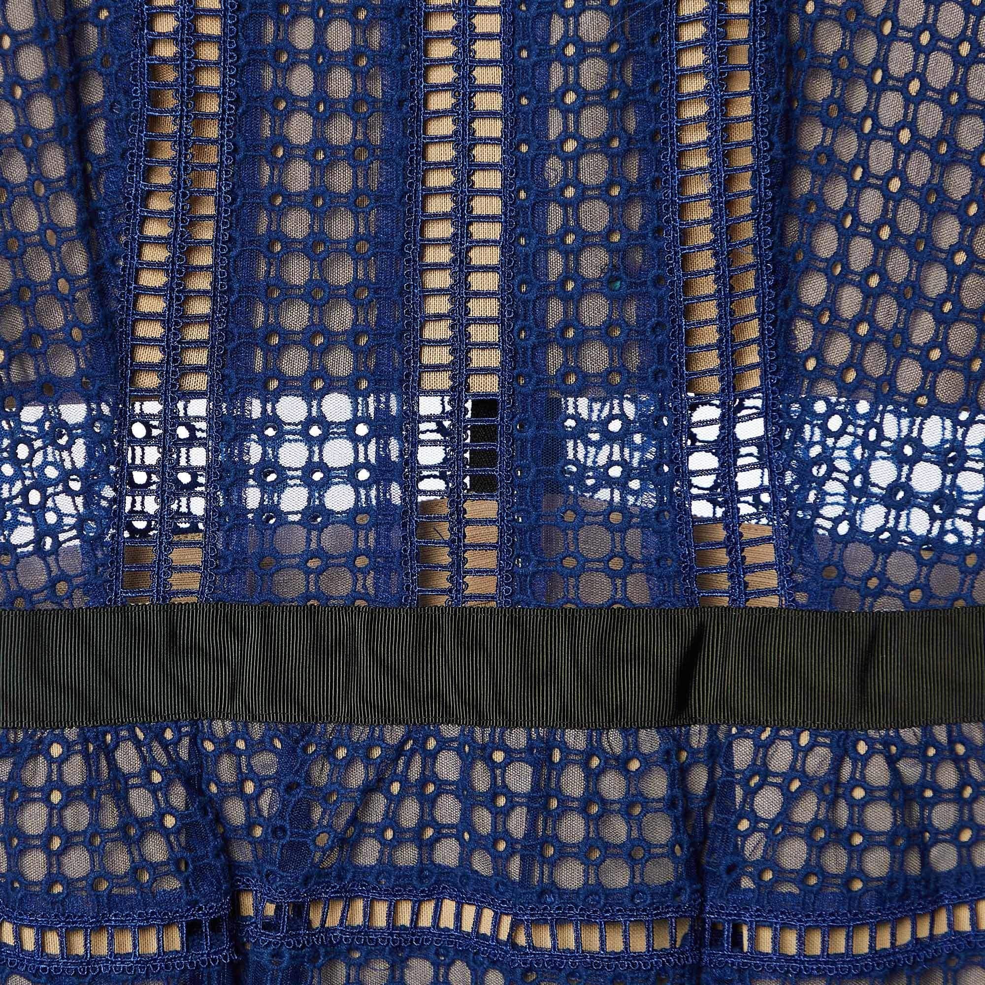 Self-Portrait Royal Blue Lace & Tulle Knee Length Dress S In Excellent Condition For Sale In Dubai, Al Qouz 2