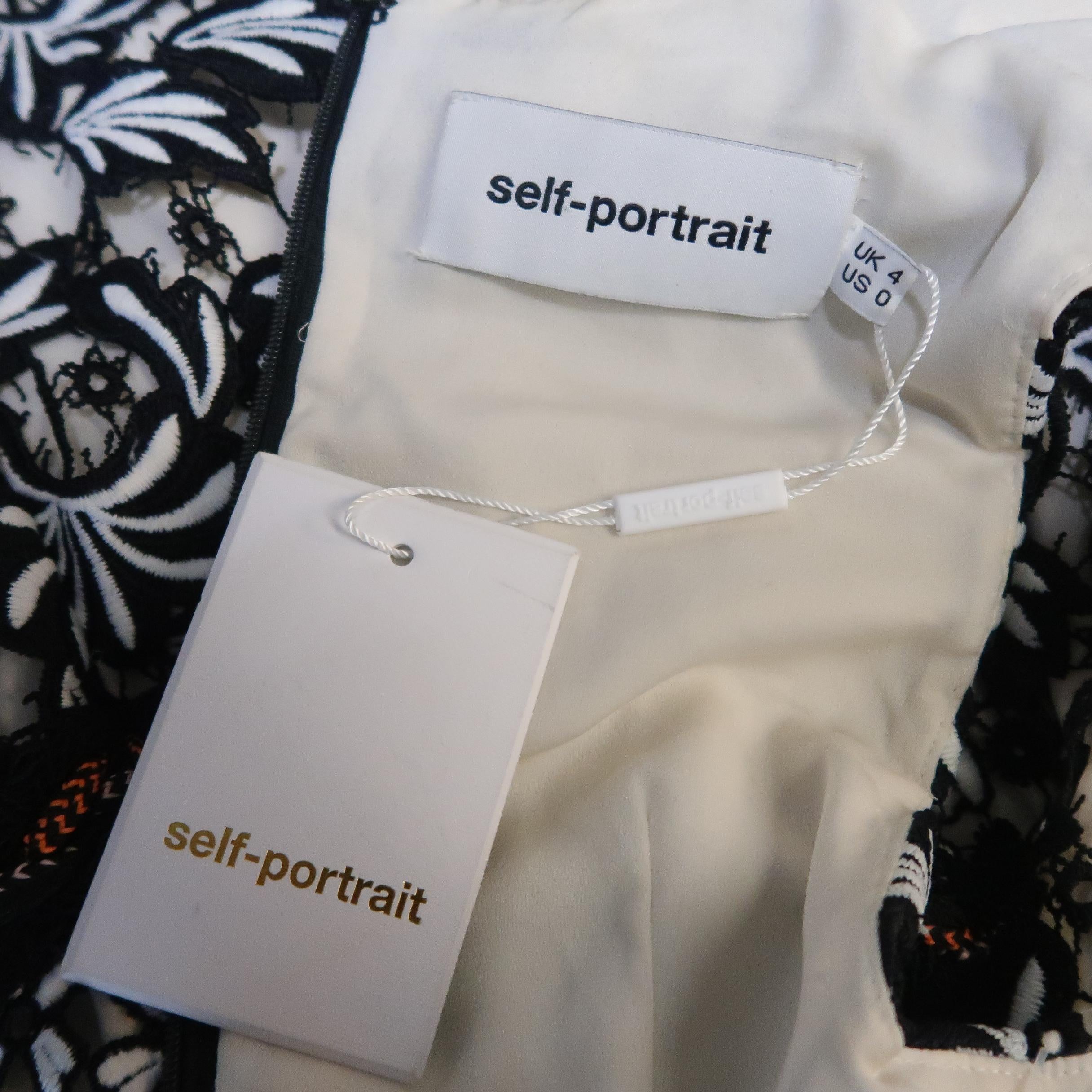 SELF-PORTRAIT Size 0 Black & White Floral Lace Flair Sheath Dress 3