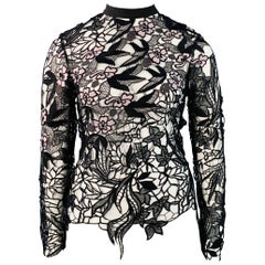 SELF-PORTRAIT Size 10 Black Pink Guipure Lace Floral See Through Dress Top