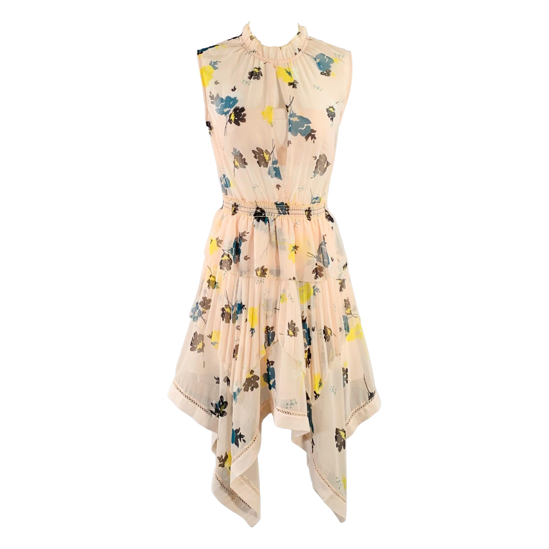 SELF-PORTRAIT Size 2 Pink Green Black Chiffon Floral Pleated High Neck Midi Dress