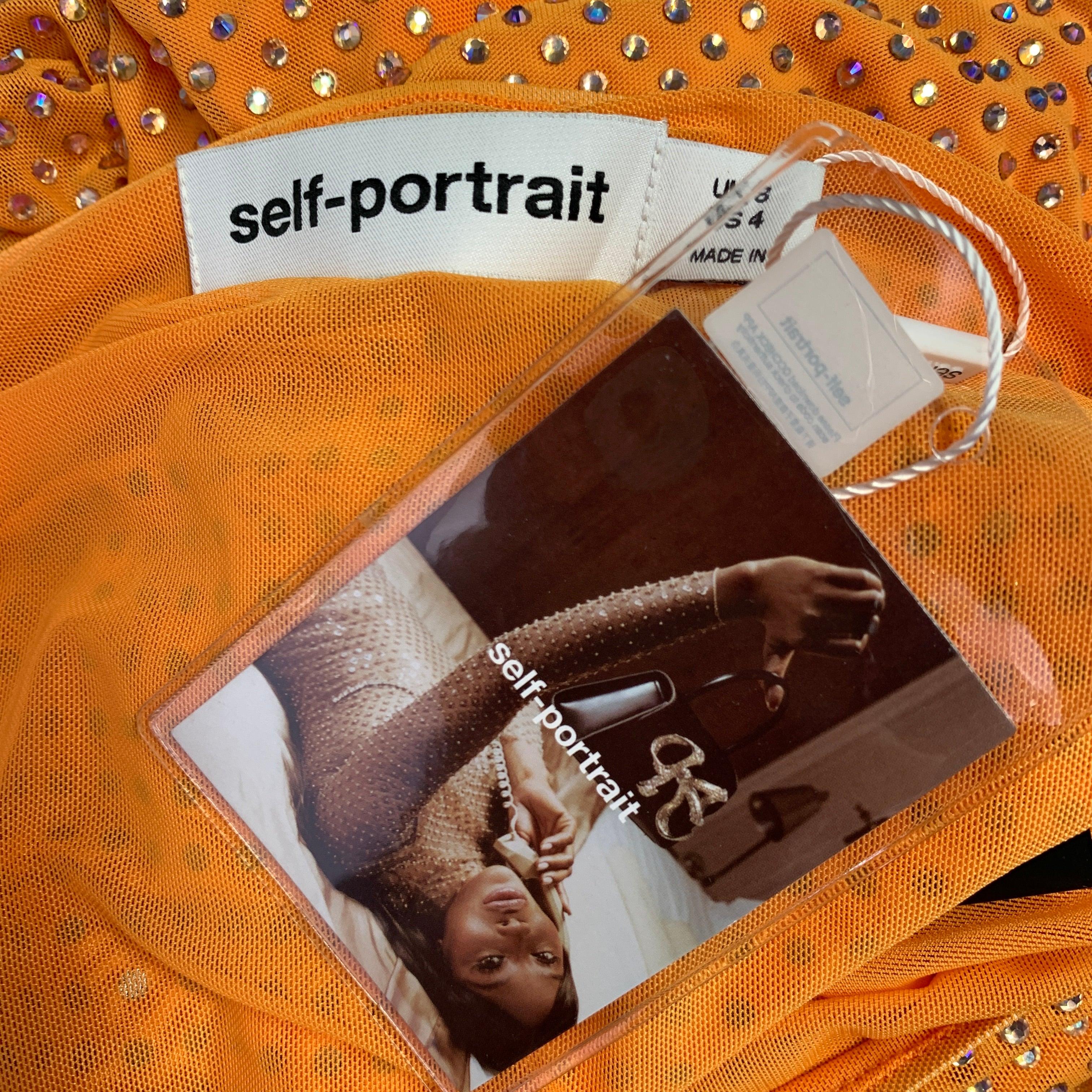 SELF-PORTRAIT Size 4 Hotfix Orange Silver Mesh Rhinestones Elastic Waistband Skirt In Excellent Condition For Sale In San Francisco, CA