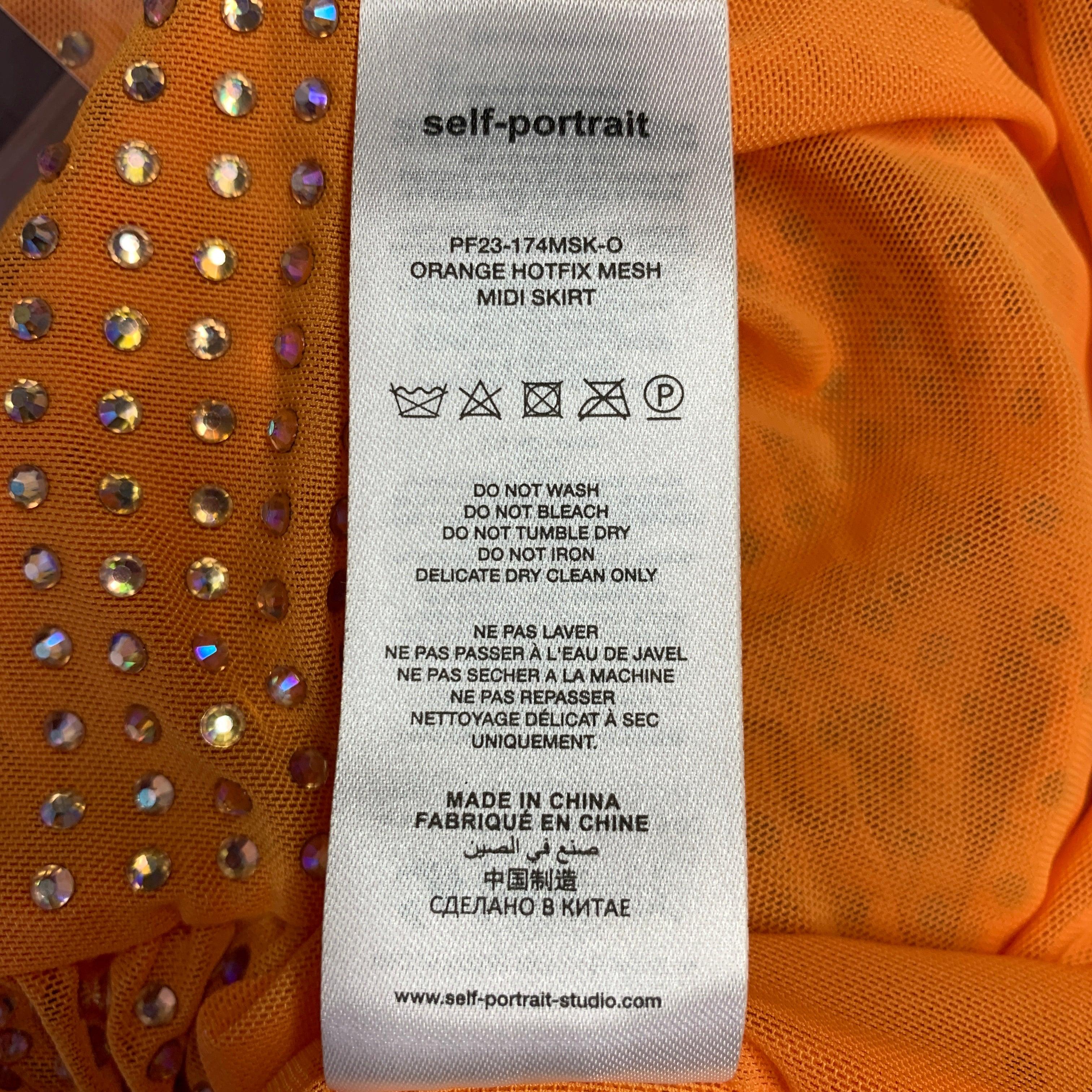 Women's SELF-PORTRAIT Size 4 Hotfix Orange Silver Mesh Rhinestones Elastic Waistband Skirt For Sale