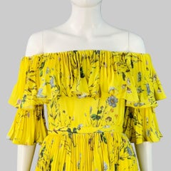 SELF-PORTRAIT Size 4 Yellow Blue Polyester Floral Pleated Off Shoulder Dress