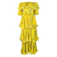SELF-PORTRAIT Size 4 Yellow Blue Polyester Floral Pleated Off Shoulder Dress