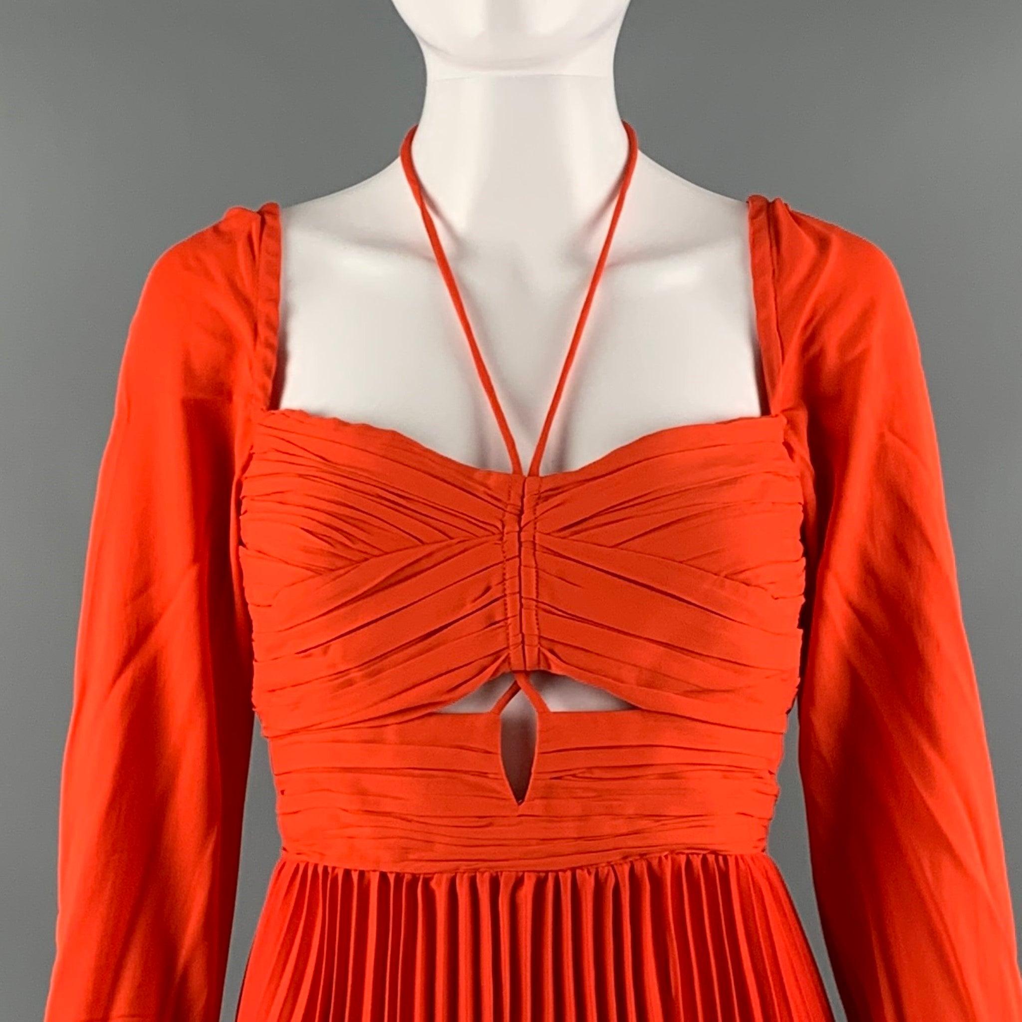SELF-PORTRAIT dress comes in an orange viscose blend woven material featuring a pleated design, flare style, off-shoulder, long sleeve, neck tie,, and a back zipper closure. Excellent Pre- Owned Condition. 

Marked:  8 

Measurements: 
 Bust: 31