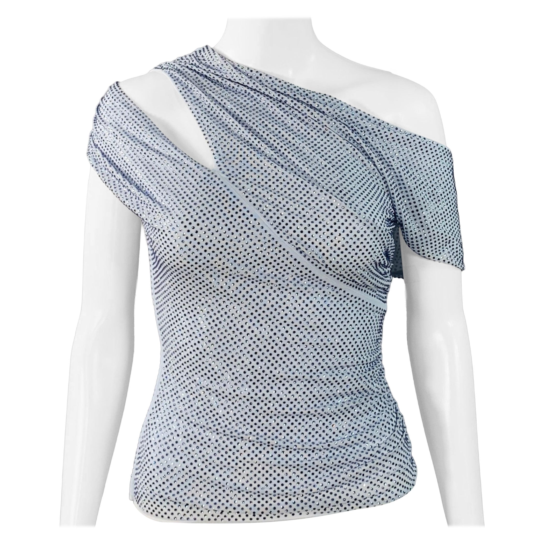 SELF-PORTRAIT SS25 Größe 2 Blassblaues Polyestermischung mit Strasssteinen Gerüschte Ausschnitte Kleid Top im Angebot