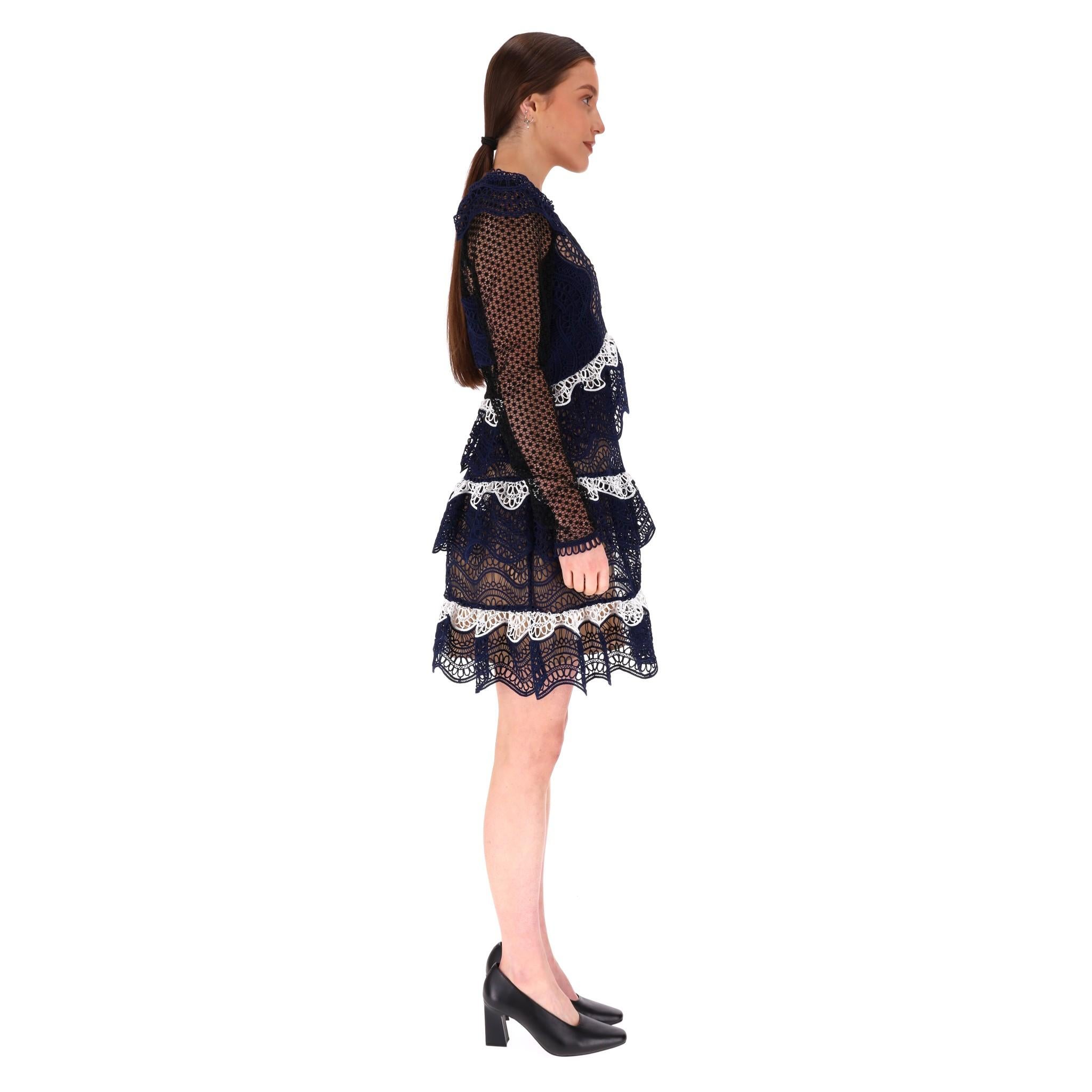 Black Self-Portrait Tiered Guipure Lace Dress For Sale