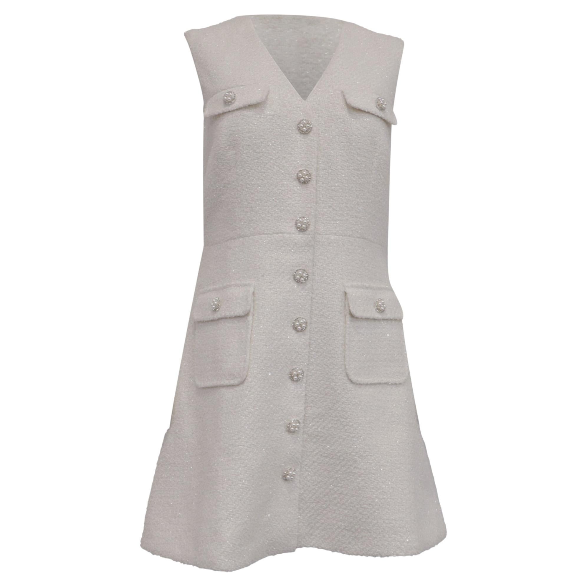 Self-Portrait V-Neck Tweed Mini Dress in White Polyester For Sale