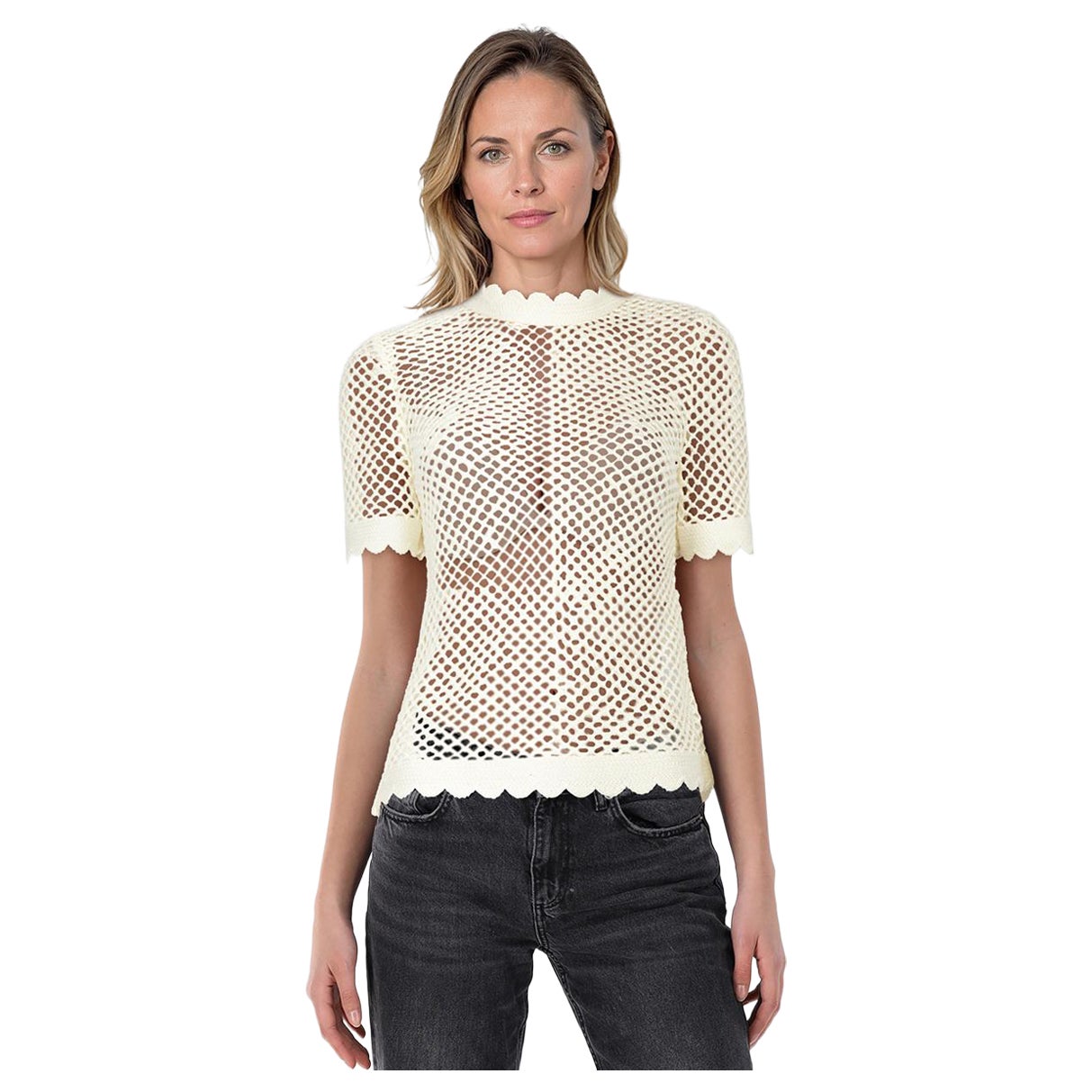 Self-Portrait White Crochet Knit Scallop Trim Top Size S en venta
