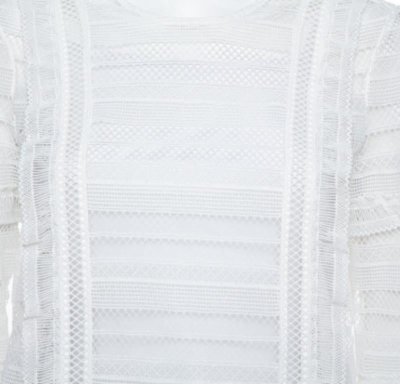 Women's Self Portrait White Paneled Lace Sheer Long Sleeve Top S For Sale