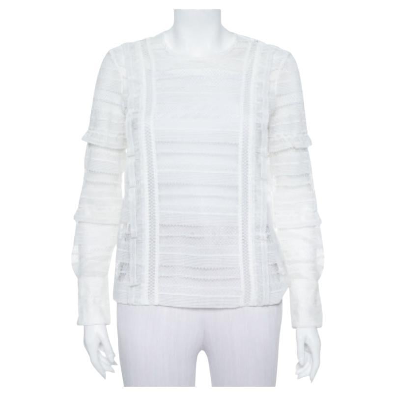Self Portrait White Paneled Lace Sheer Long Sleeve Top S For Sale