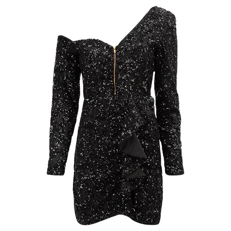 Self-Portrait Women's Black Asymmetric Sequinned Mini Dress For Sale at ...