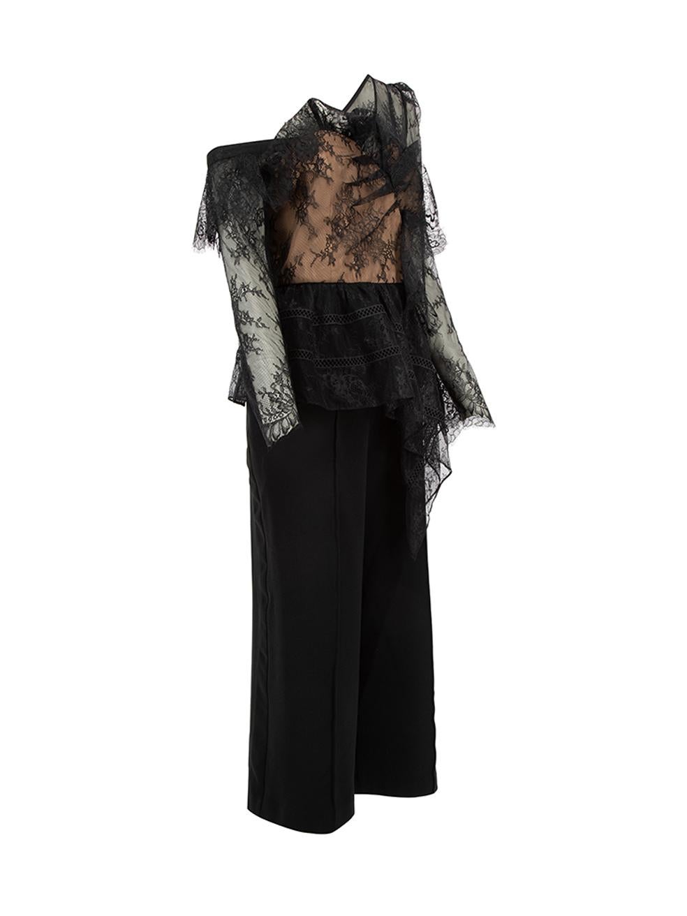 CONDITION is Very good. Hardly any visible wear to dress is evident on this used Self-Portrait designer resale item.   Details  Black Synthetic Jumpsuit Floral lace detail One shoulder and off shoulder sleeves Buttoned cuffs Boned Cropped wide leg