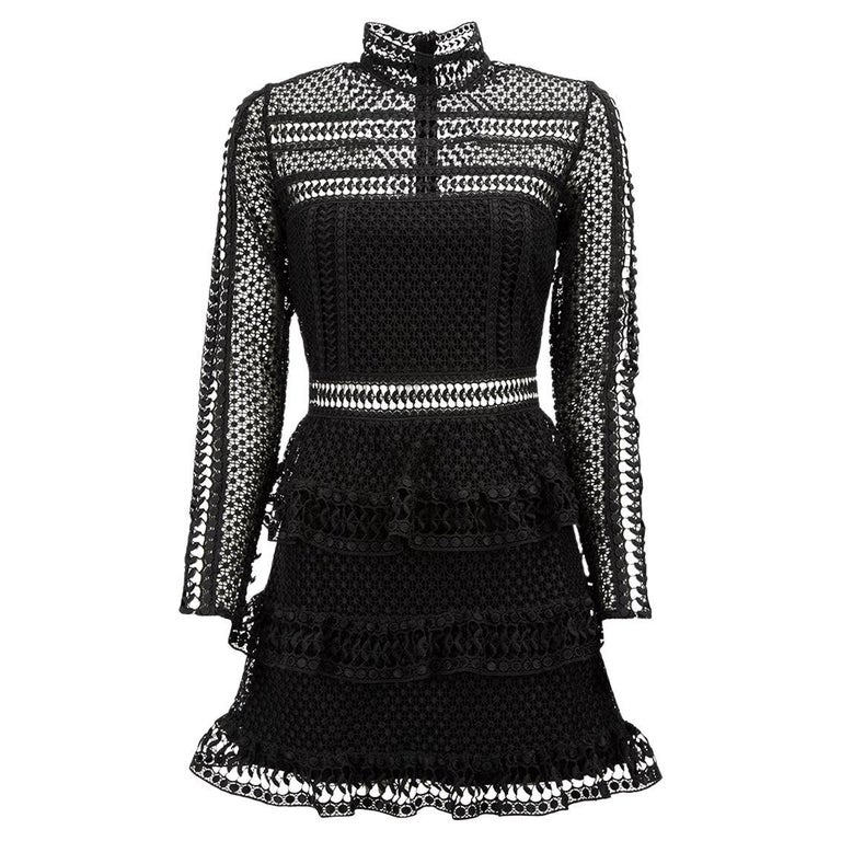 Self-Portrait Women's Black Lace Ruffles Tiered Mini Dress For Sale at ...