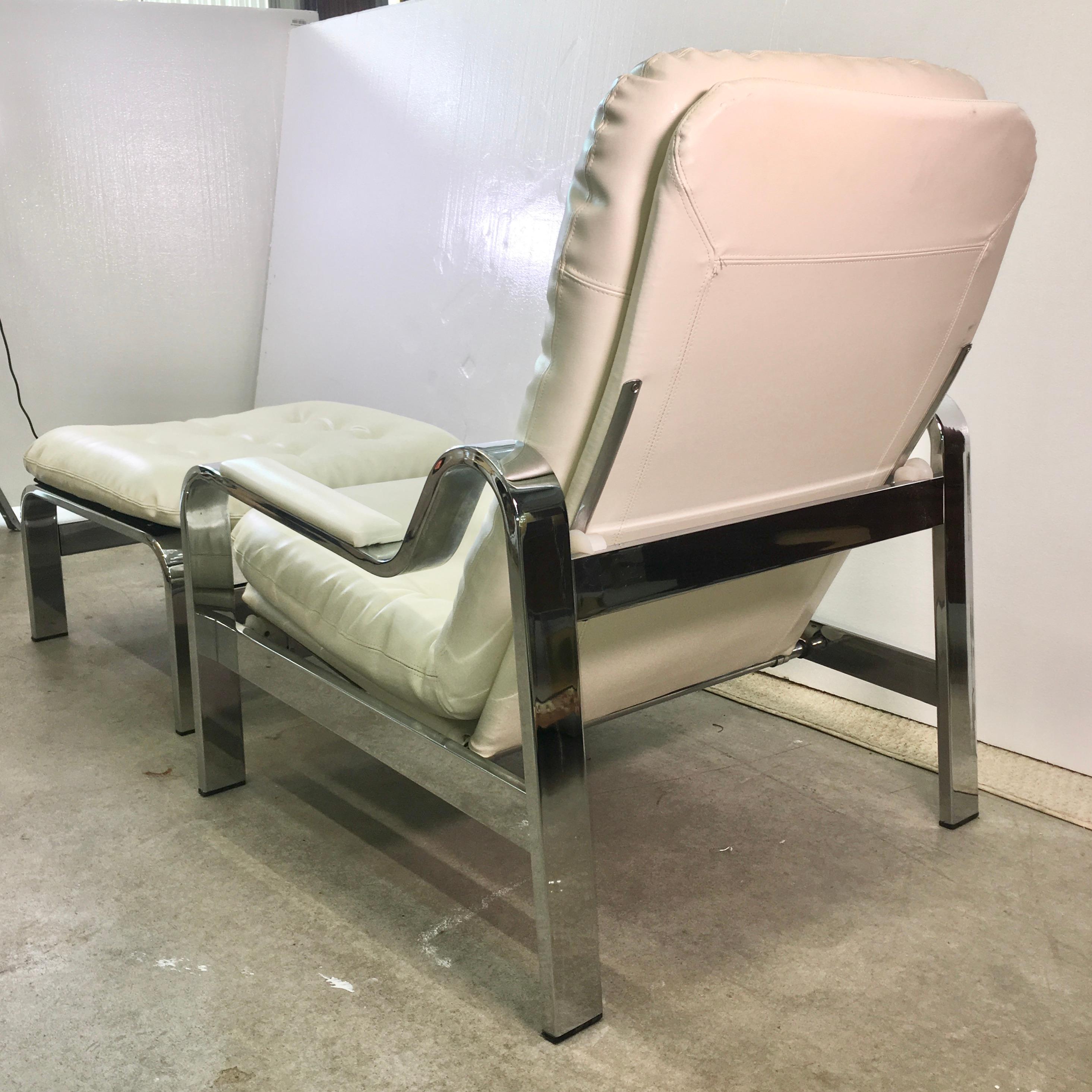Mid-Century Modern Selig 1970s Chrome Reclining Lounge Chair with Ottoman