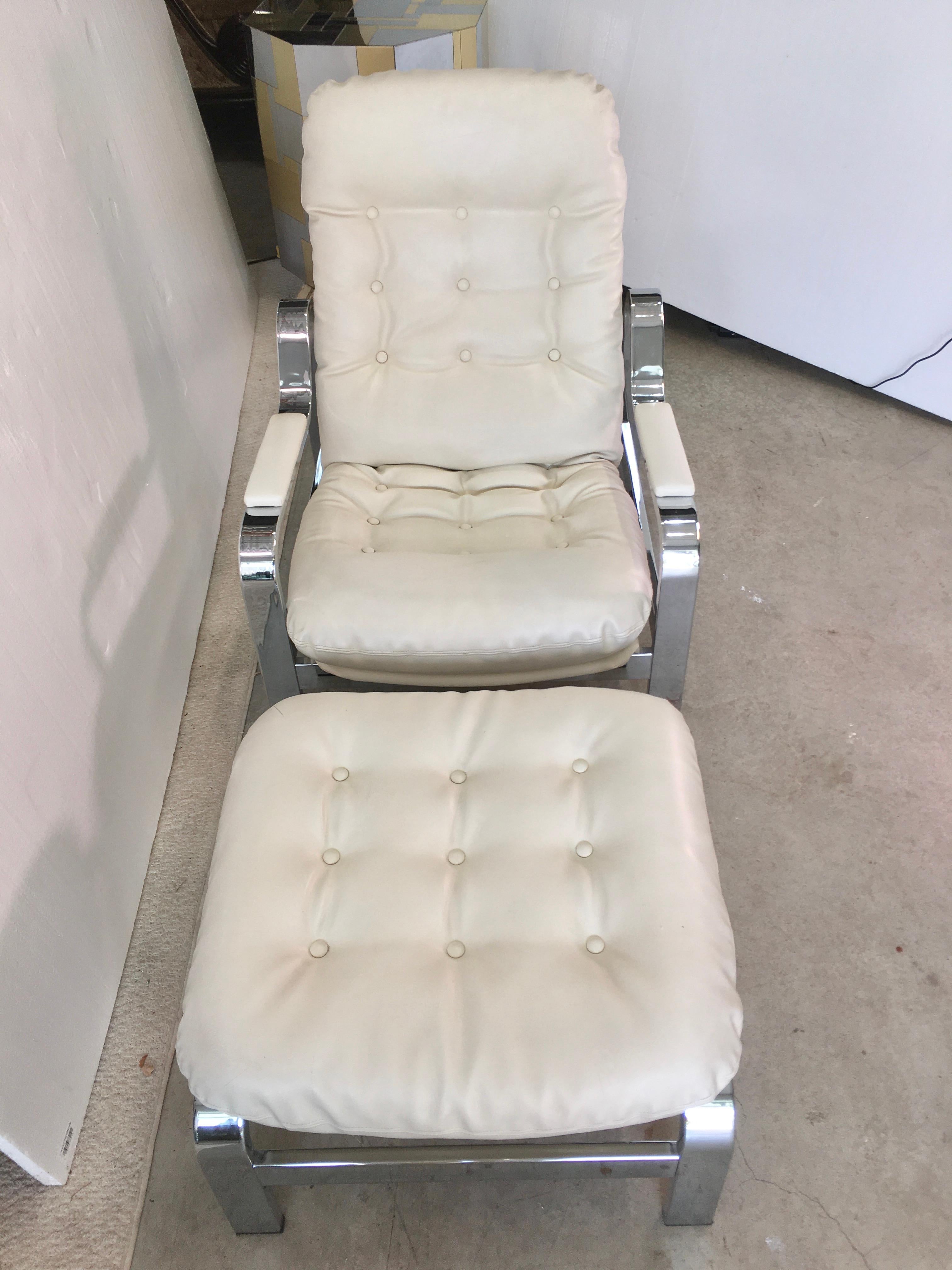 Leather Selig 1970s Chrome Reclining Lounge Chair with Ottoman