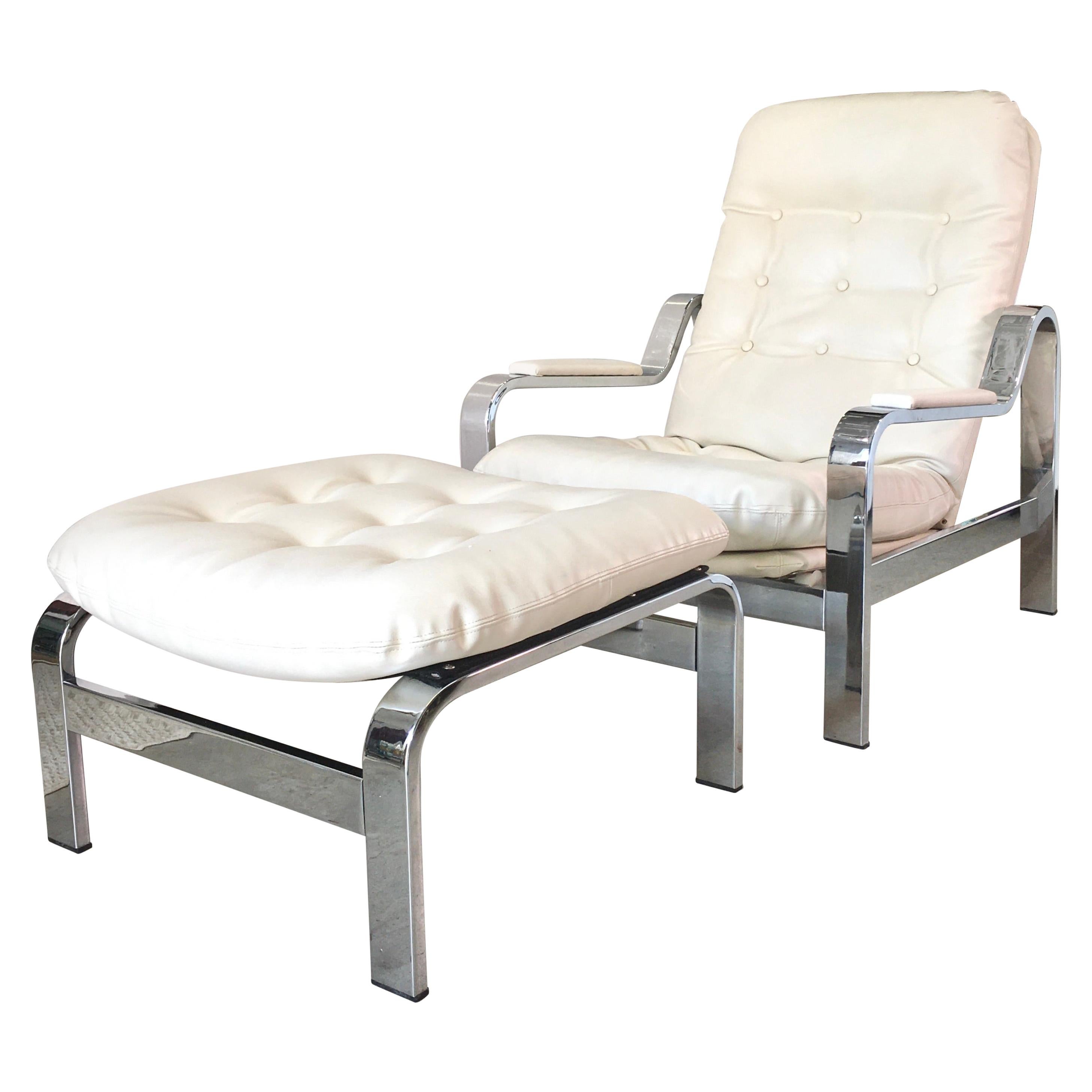 Selig 1970s Chrome Reclining Lounge Chair with Ottoman
