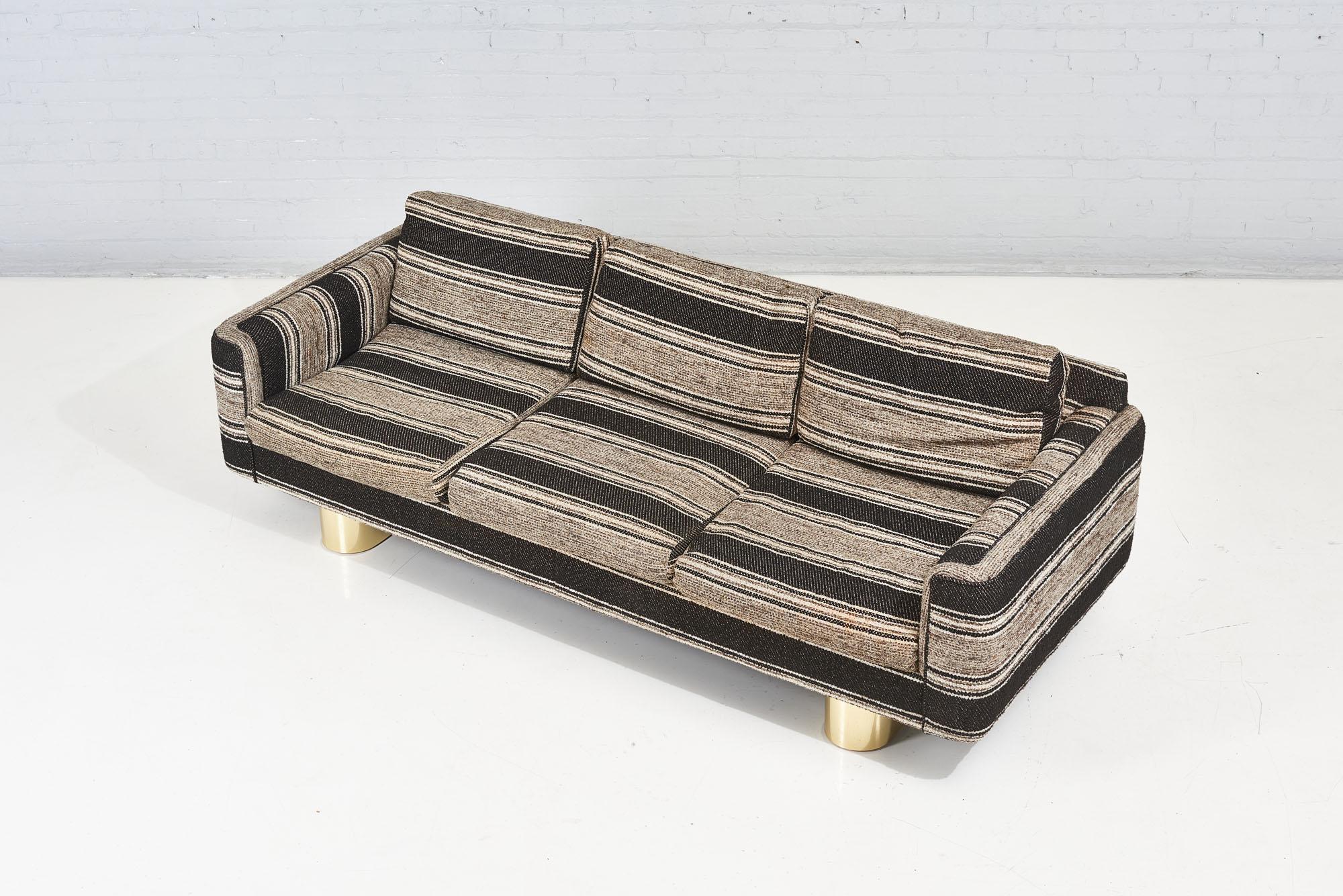 Mid-Century Modern Selig 1970's Sofa on Brass Plinth Bases For Sale