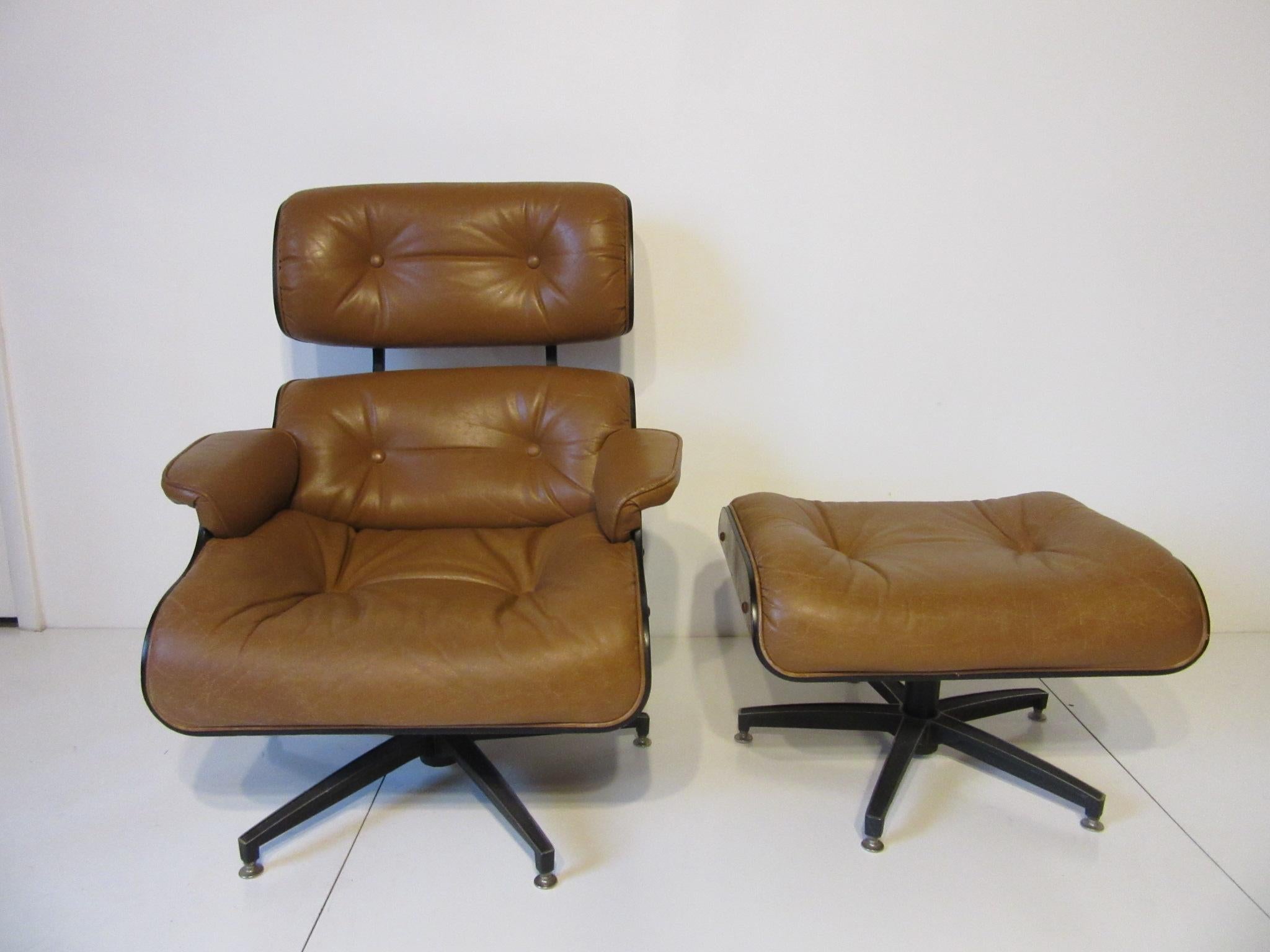 American Selig Leather Lounge Chair or Ottoman in the style of Eames or Herman Miller
