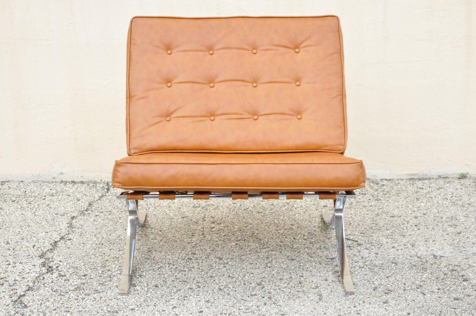 Vintage Selig Mid-Century Modern Barcelona style chrome lounge chair brown vinyl cushions. Item features brown vinyl button tufted cushions, heavy chromed steel metal frame, original label, quality craftsmanship sleek sculptural form. Circa mid to