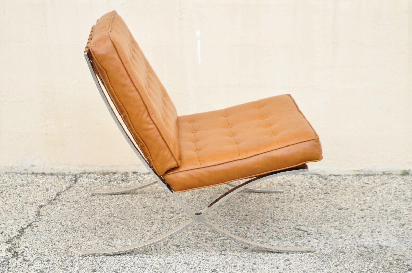 Selig Mid-Century Modern Barcelona Style Chrome Lounge Chair Brown Vinyl Cushion In Good Condition In Philadelphia, PA