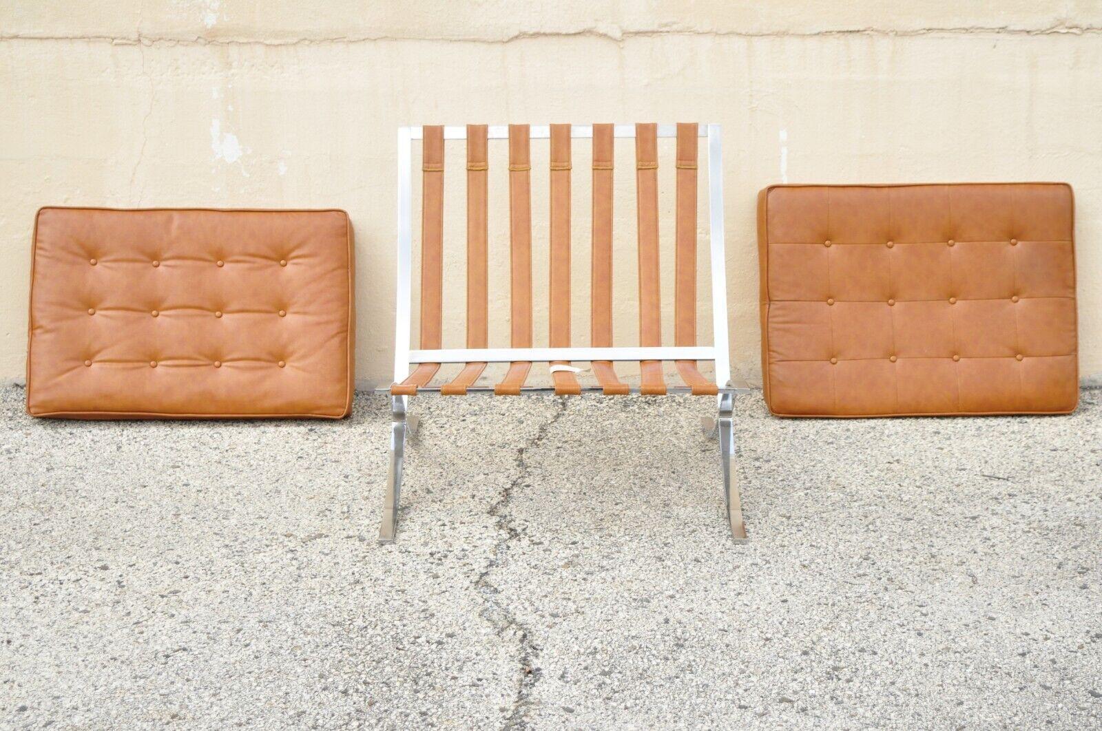 20th Century Selig Mid-Century Modern Barcelona Style Chrome Lounge Chair Brown Vinyl Cushion
