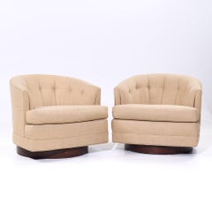 Selig Mid Century Walnut Base Swivel Lounge Chairs - Pair