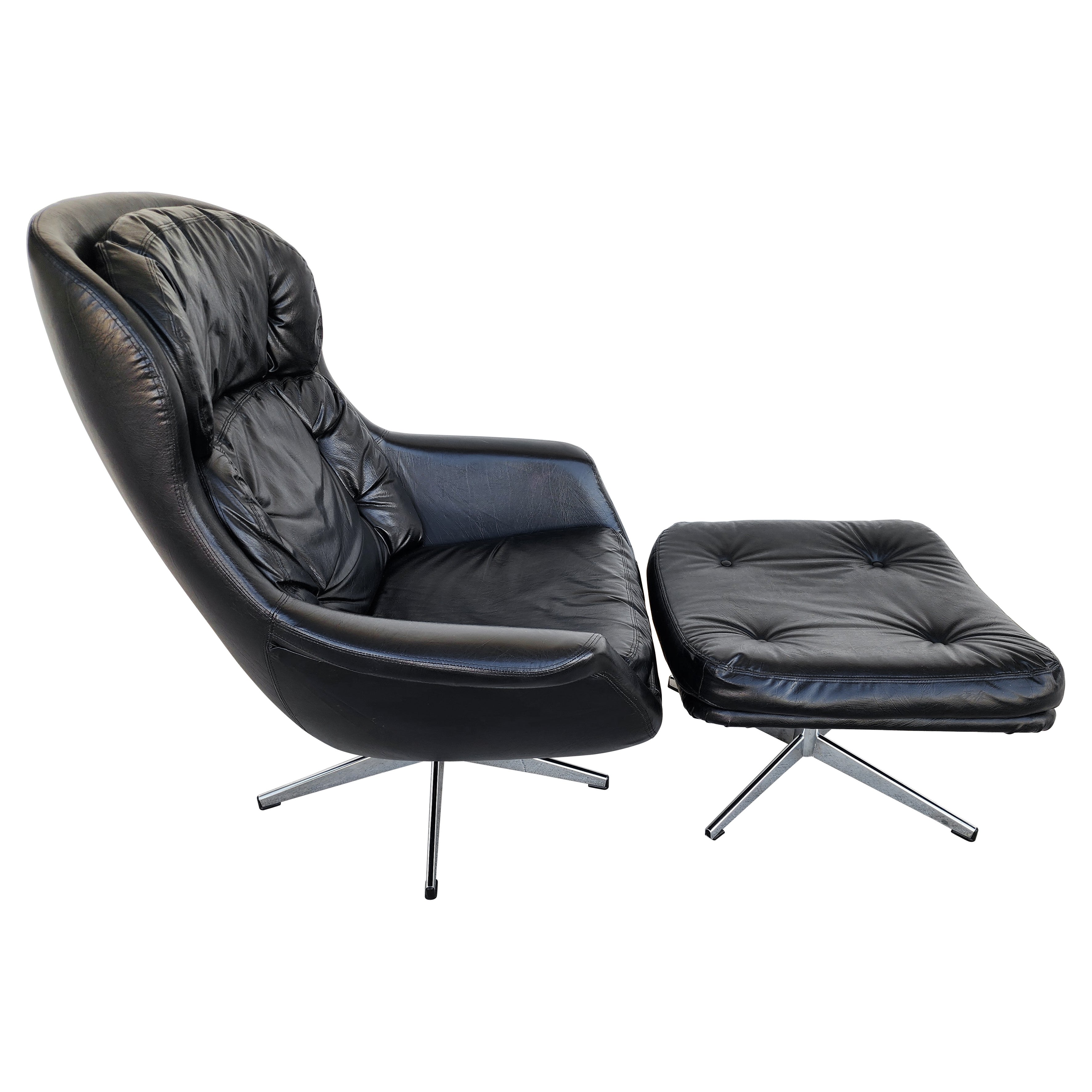 Sedia e ottomana in pelle svedese modernista Selig, anni
70