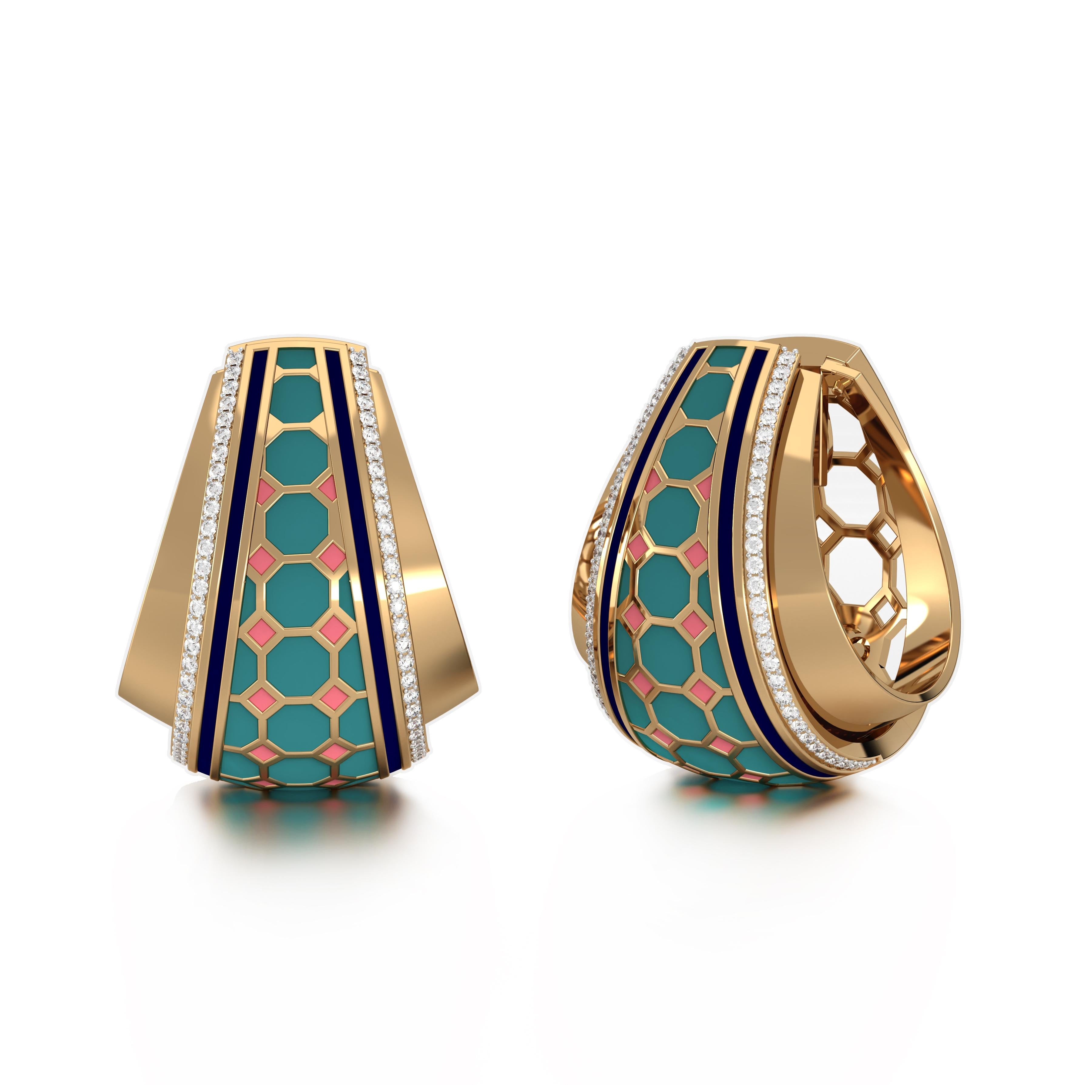 Selina Tapered Hoops Medium, from our award winning Miraas collection meticulously crafted in 18kt gold, with finely assorted diamonds, and set with Turkish octagonal honeycomb tessellation pattern in specially formulated Prussian Blue, Pastel