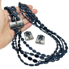 SELINI signed vintage silver tone belt buckle beaded designer necklace earrings