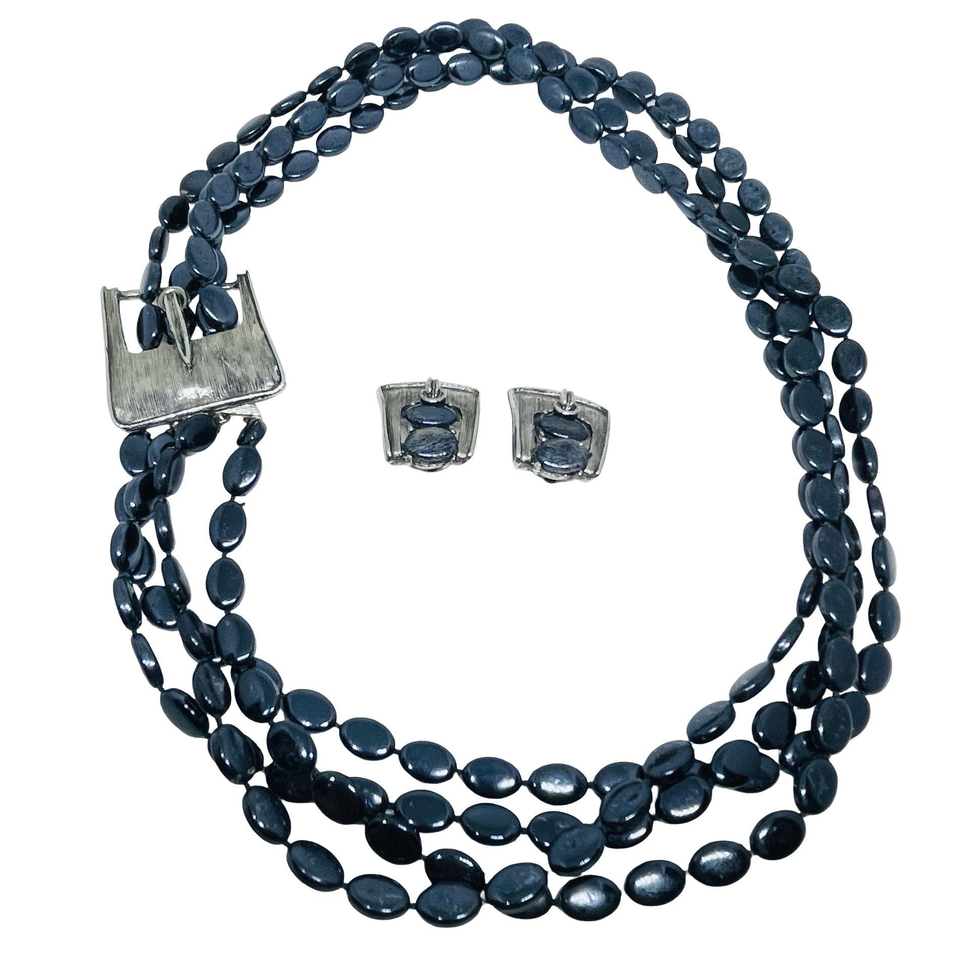 SELINI signed vintage silver tone belt buckle beaded designer necklace earrings For Sale