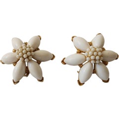 Selini White Enamel Floral Clip-On Earrings with Gold-Tone Backing, 1960s