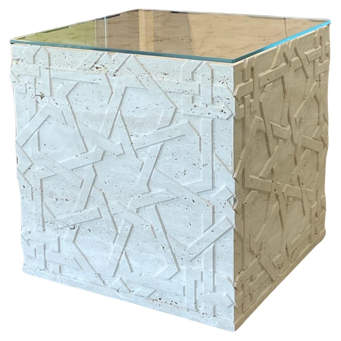 Cube Side Table with Tempered Glass Top, Engraved Square Block Center Side Table