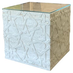 Cube Side Table with Tempered Glass Top, Engraved Square Block Center Side Table