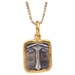 Used Seljuk Lion Face, 24kt Yellow Gold Bezel Coin Amulet, 24kt Gold and Silver